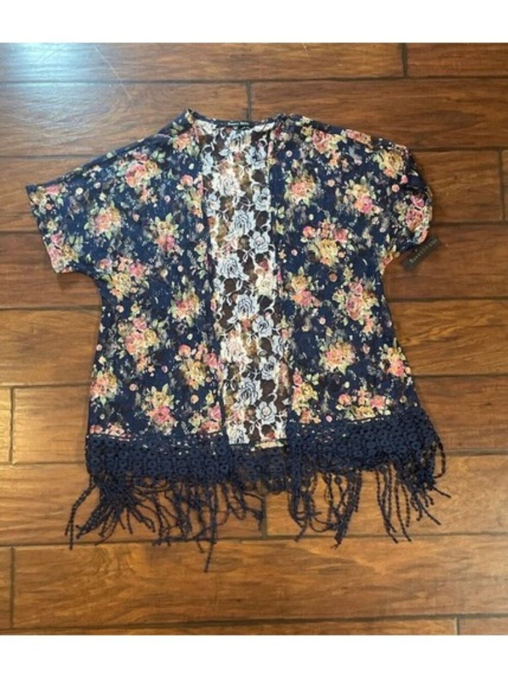 Women Size Small Kimono Blue Lace Floral Fringe Boho Romantic Cottage Fairy Chic